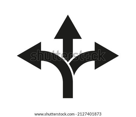 Arrow way with three options of road icon. Choice of pathway. Choose of decision in split of direction. Crossroad, uncertainty and choice opportunity. 3 directions on junction. Vector.