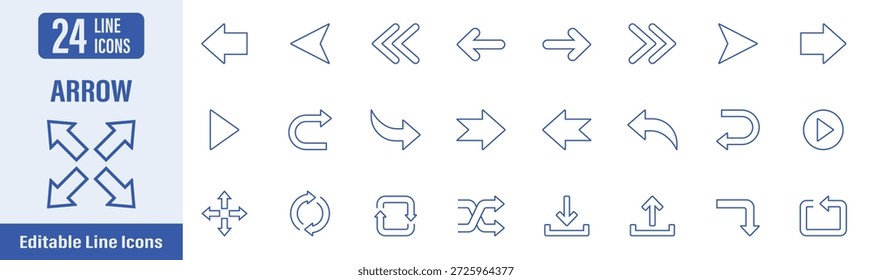 Iconos web de flecha en estilo de línea. Contiene iconos como flecha, dirección, cursor, siguiente y más. Ilustración vectorial.
