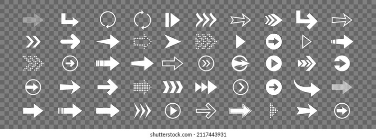 Arrow white icon set in flat. Cursor line button. Vector illustration for web design on a transparent background