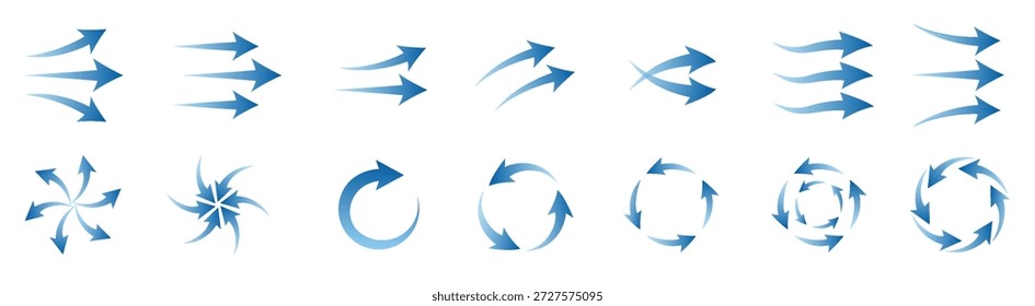 Pfeil-Windluftstrom-Set-Symbole, blaue kalte Windrichtung, Luftstrom und Lüftung, Klimatisierung, Luftrichtung Zirkulation Bewegung und Stärke Zeichen - Vektor