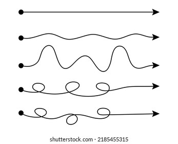 Arrow winding line set. Curve arrows way collection. Vector isolated on white.