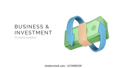 Arrow wrapped around stack of money in 3D realistic cartoon style. Banking transaction service concept. Business and investment. Vector illustration - Shutterstock ID 2176985539