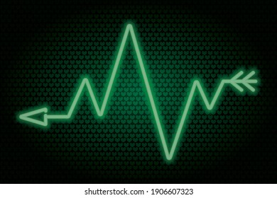 Flecha. Indicador Zigzag. Neon resplandece. Ilustración vectorial. el símbolo verde indica la dirección. Ilustración vectorial coloreada. Antecedentes aislados de corazones verdes. 