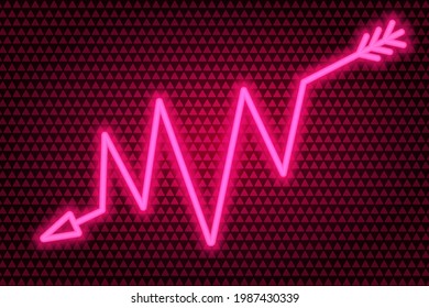 Arrow. Zigzag indicator. Neon glow. Vector illustration. The pink symbol indicates the direction. Colored vector illustration. Isolated background of pink pyramids. Rhythmic pulse trace. Broken line. 