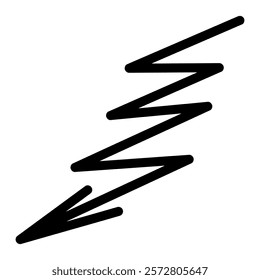 Arrow zigzag. Lightning. Sketch. Black curved arrow pointing down and left. Hand drawn pointer. Vector illustration. Outline on isolated white background. Doodle style. Idea for web design.