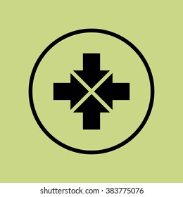 Arrow-combined icon, on green background, circle border, dark outline