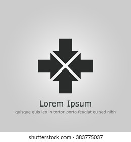 Arrow-combined icon, on grey background, dark outline, example text