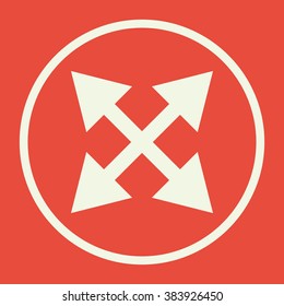 Arrow-combined icon, on red background, white circle border, white outline