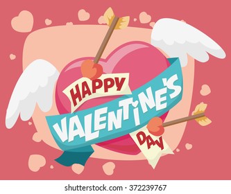 Arrowed heart with wings flying and holding papers for greeting message of Valentine's Day.