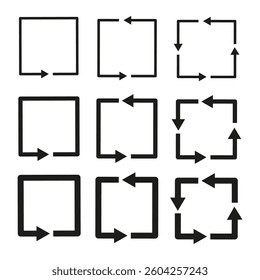 Arrowed squares collection. Rotating frame symbols. Black vector shapes. Repeating square patterns.