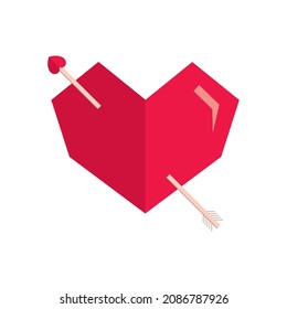 Arrowed vector red heart. Love symbol. Squared. Passion vector illustration. Cupid's arrow. Cupid. In love. Romantic angled heart shape. Single heart. Edgy heart. Valentines decoration sign.