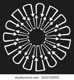 Arrowhead circular burst. Direction pointer shape. Black background contrast. Vector movement icon.