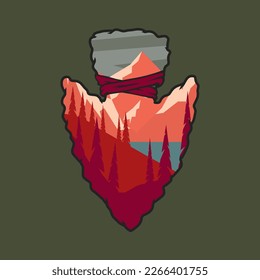 Arrowhead with mountain landscape. Design element for poster, card, banner, emblem, sign. Vector illustration
