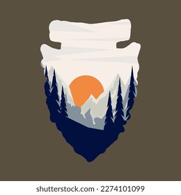 Arrowhead with mountain landscape. Design element for poster, card, banner, emblem, sign. Vector illustration