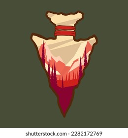Arrowhead with mountain landscape. Design element for poster, card, banner, emblem, sign. Vector illustration