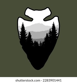 Arrowhead with mountain landscape. Design element for poster, card, banner, emblem, sign. Vector illustration