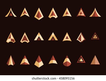 Arrowheads vector icon set. Beige and brown colors. Decorative flat symbols on a dark brown background. Easy to recolor. Vector illustration.
