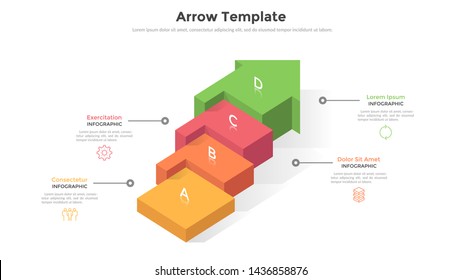 Arrow-like diagram divided into 4 colorful parts and place for text. Concept of four steps of business strategy and progressive development. Modern infographic design template. Vector illustration.