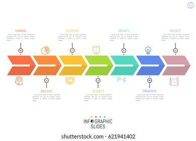 Arrow-like stripe divided into 7 rainbow colored parts with pictograms and text boxes. Progressive steps in business development concept. Minimal infographic design template. Vector illustration.