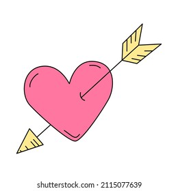An arrow-pierced heart. Cartoon vector illustration isolated on white background. A symbol of love and passion. Sticker for Valentine's day
