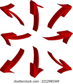 Arrows 3d isometric isolated set 6 different direction red on white background. Arrow vector collection. Vector arrow illustration