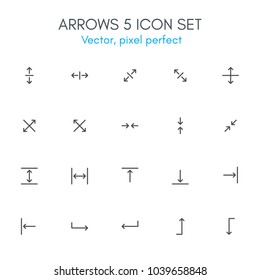 Arrows 5 theme, line icon set. Pixel perfect, fully editable stroke, black and white, vector icon set suitable for websites, info graphics, and print media.