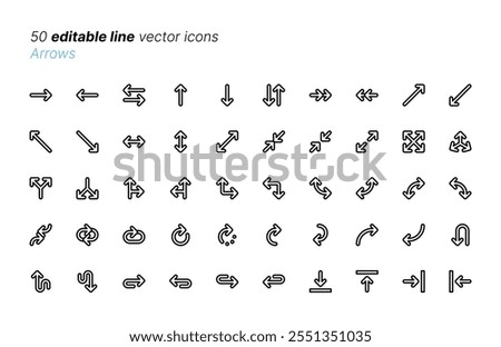 Arrows. 50 editable stroke vector icons, each on its own layer. Named.
