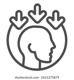 Arrows above man head line icon, data hoarding concept. Vector graphics. Human head and information flow income sign on white background, outline style icon for mobile or web design