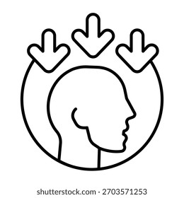 Flechas sobre el icono de la línea delgada de la cabeza del hombre, concepto de acaparamiento de datos. Gráficos de Vector. Cabeza humana y señal de ingreso de flujo de información sobre fondo blanco, icono de estilo de contorno para móvil o Diseño web