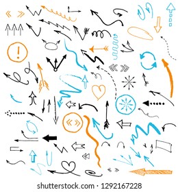 Arrows and abstract shapes doodle writing design vector set.