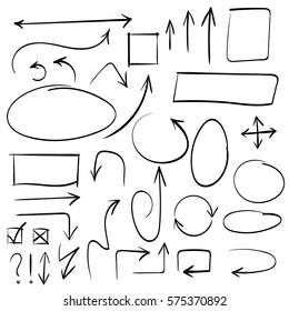 Arrows and abstract shapes doodle writing design vector set, black