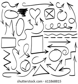 Arrows and abstract shapes doodle writing design vector set, black