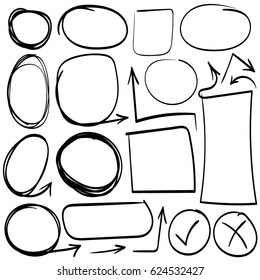 Arrows and abstract shapes doodle writing design vector set, black