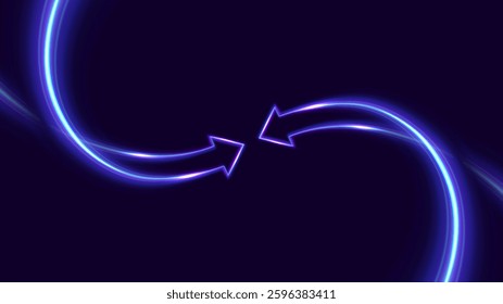 Arrows against each other. Conflict of interest. Glowing arrow with lights trails. Futuristic 3D style. Innovation technology and finance.
