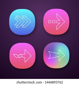 Arrows app icons set. Double, dotted, twisted, wide next. Arrowhead showing right direction. Pointing symbol. UI/UX user interface. Web or mobile applications. Vector isolated illustrations