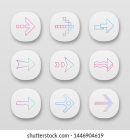 Arrows app icons set. Wavy, pixel, folding, striped, dashed next. Arrowheads pointing to right direction. UI/UX user interface. Web or mobile applications. Vector isolated illustrations