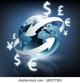 arrows around planet earth and world currency