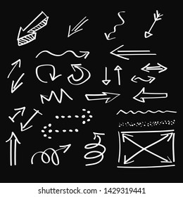 Arrows , artistic hand drawn, chalk style, vector set. Chalk graphic elements collection - arrows, lines, pointers . Chalk forms on black board. Vector illustration