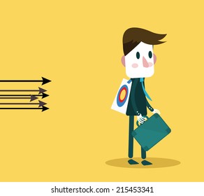 Arrows attack to businessman. target and Risk concept.  flat design. vector illustration