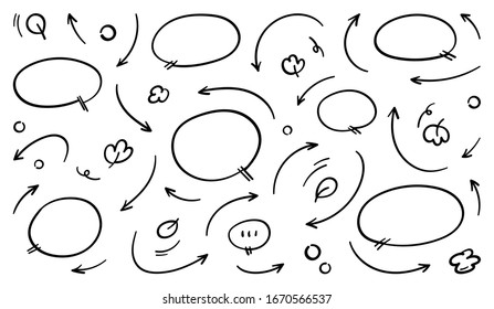 Arrows and balloon hand drawn doodle vector set.