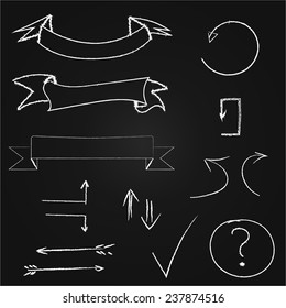 Arrows and banners set. Hand drawn chalk on blackboard.