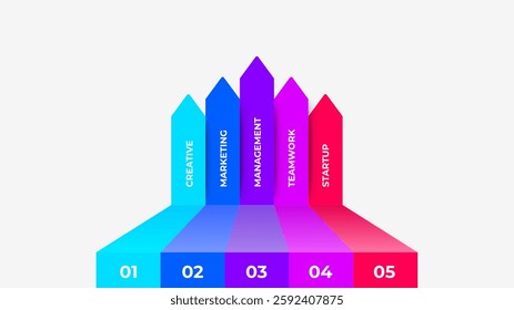 Arrows bar chart in 3D design showcasing creative aspects, marketing strategy, management, teamwork, and the startup ecosystem. Perfect for business presentations or infographics