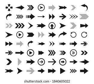 Arrows big black icon set. Collection of arrows for web design, interface, mobile applications. Arrow icon. Modern simple arrows.