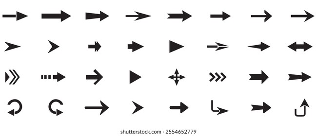 Arrows big black icon set. Arrow icons symbol design. Arrow flat vector collection. Modern Arrows Cursor simple pack. Vector illustration white background.