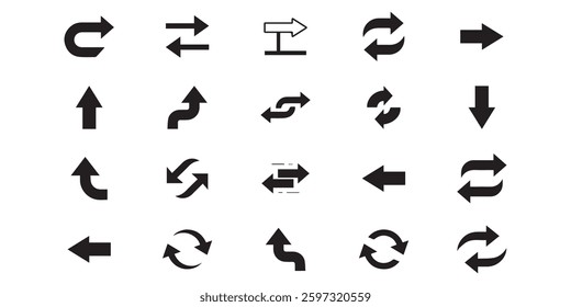 Arrows big black icon set. Arrow icons symbol design. Arrow flat vector collection. Modern Arrows Cursor simple pack. Vector illustration white background. eps vector format. logo type and 3d black. 