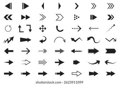 Conjunto de ícones preto grande setas. Design de símbolos de ícones de seta. Coleção de vetor de seta plana. Ícone de conjunto simples Cursor de Setas Modernas. Ilustração de vetor fundo branco. design de direção de comunicação. Eps 10
