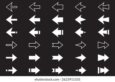 Conjunto de iconos negros grandes de flechas. Diseño de símbolos de iconos de flecha. Flecha plana colección de Vector. Icono de conjunto simple del cursor de flechas modernas. Ilustración vectorial fondo blanco. diseño de dirección de comunicación. Eps 10