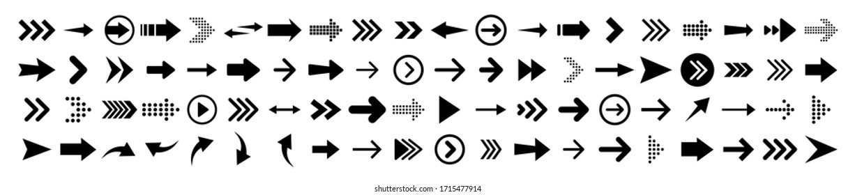 Arrows big black set 100 icons. Arrow icon. Arrow vector collection. Arrow. Cursor. Modern simple arrows. Vector illustration.