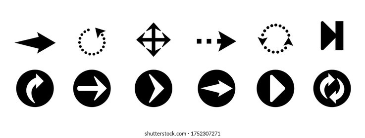 Flechas grandes iconos de conjunto negro aislados en fondo blanco. Colección de flechas de concepto para diseño web, aplicaciones móviles, interfaz y más. Gráfica digital. Ilustración vectorial, eps 10.