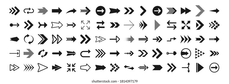 Arrows big black set icons. Arrow icon. Arrows for web design, mobile apps, interface and more. Vector stock illustration.